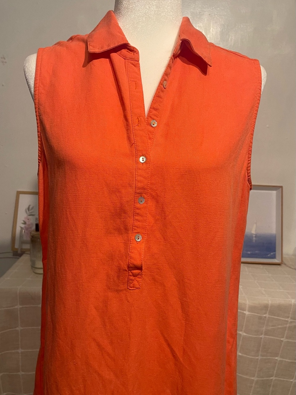 Sleeveless Collared Swim Cover-Up Dress in Orange size 10 58% linen - Picture 8 of 13